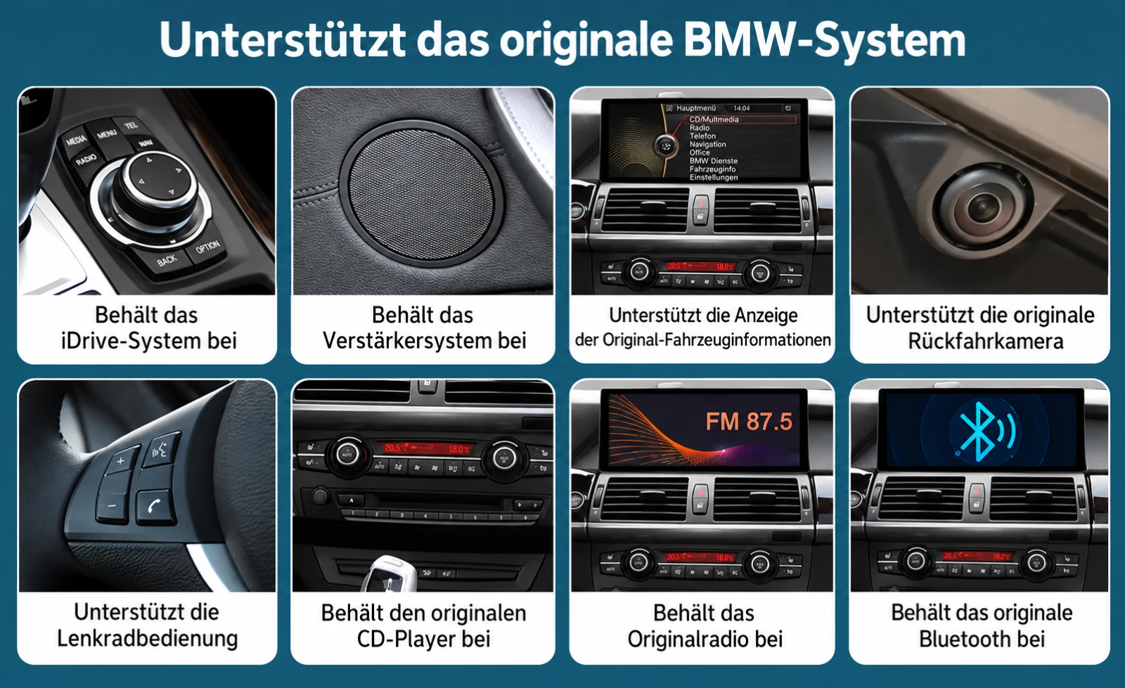 Übersicht der erhaltenen BMW Originalfunktionen wie iDrive, Lenkradbedienung, Werksradio und Rückfahrkamera