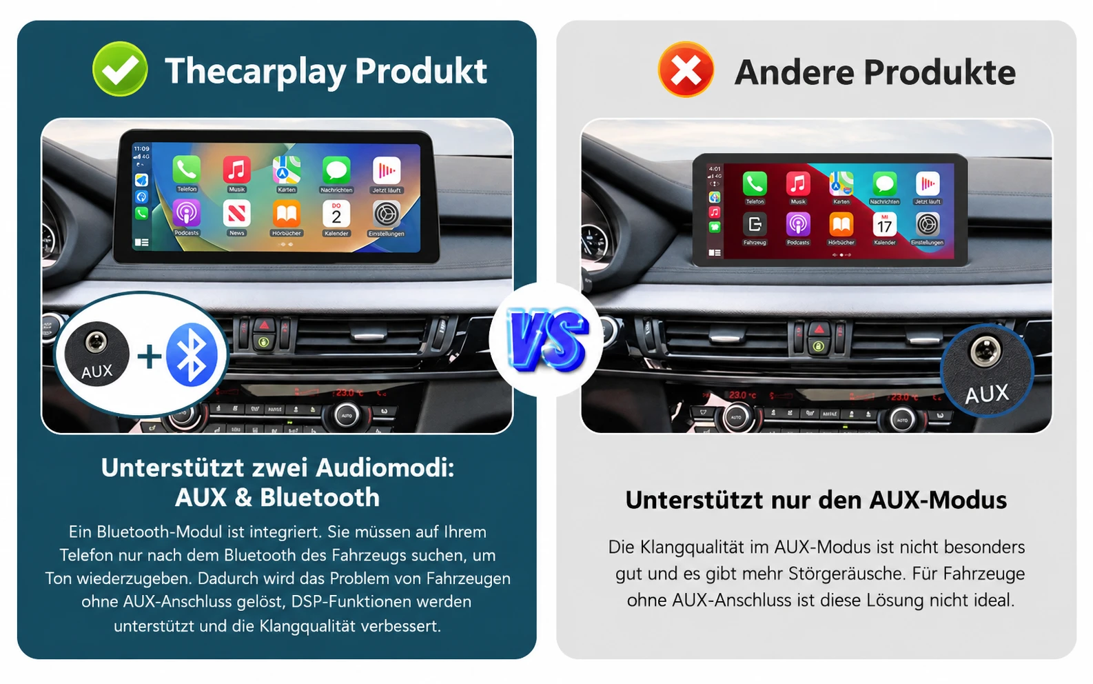 Vergleich der Audioübertragung über AUX und Bluetooth beim Thecarplay Linux-CarPlay-Display für BMW X5 F15 und X6 F16