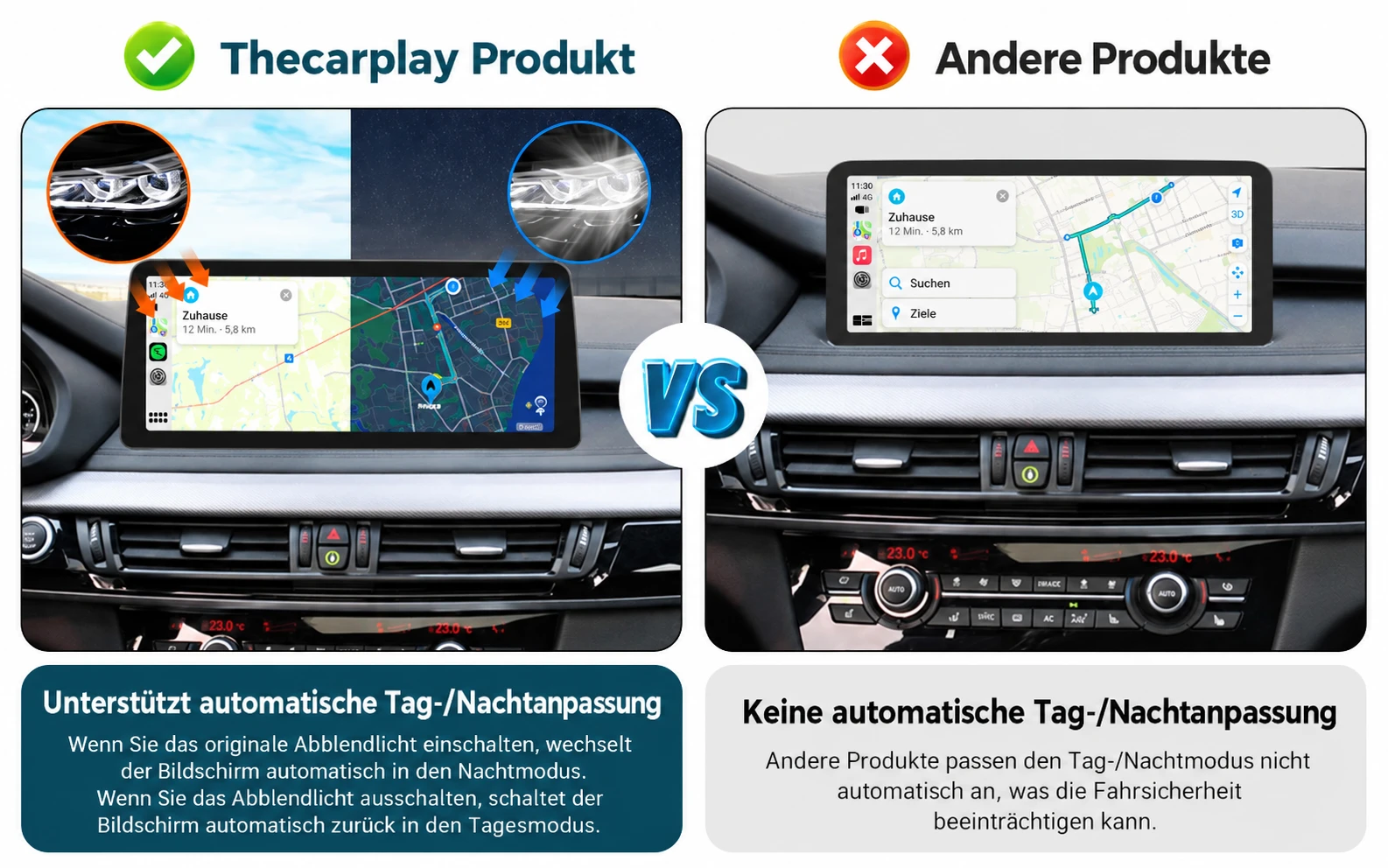 Vergleich der automatischen Tag- und Nachtumschaltung beim Thecarplay Linux-Display für BMW X5 F15 und X6 F16
