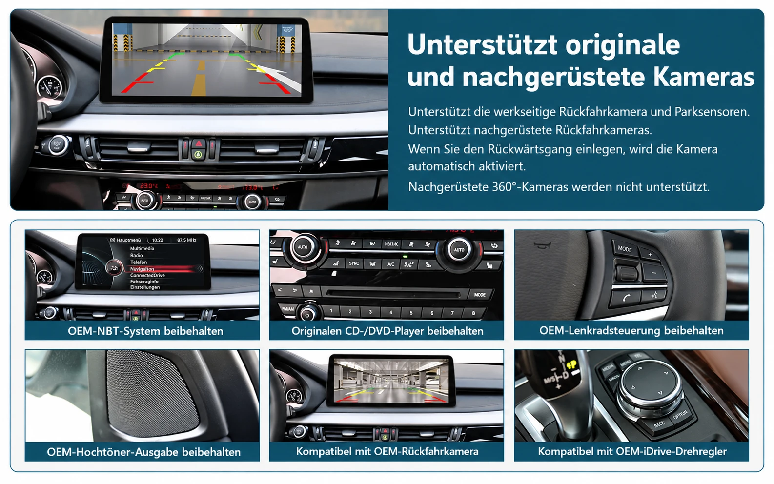 Linux-Touchscreen für BMW X5 F15 und X6 F16 mit Rückfahrkamera sowie Unterstützung für originale Lenkradtasten und iDrive-Controller