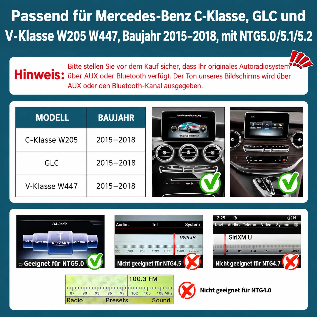 Kompatibel mit Mercedes-Benz C-Klasse, GLC und V-Klasse (W205/W447), die zwischen 2015 und 2018 produziert wurden und mit NTG 5.0/5.1/5.2 ausgestattet sind.