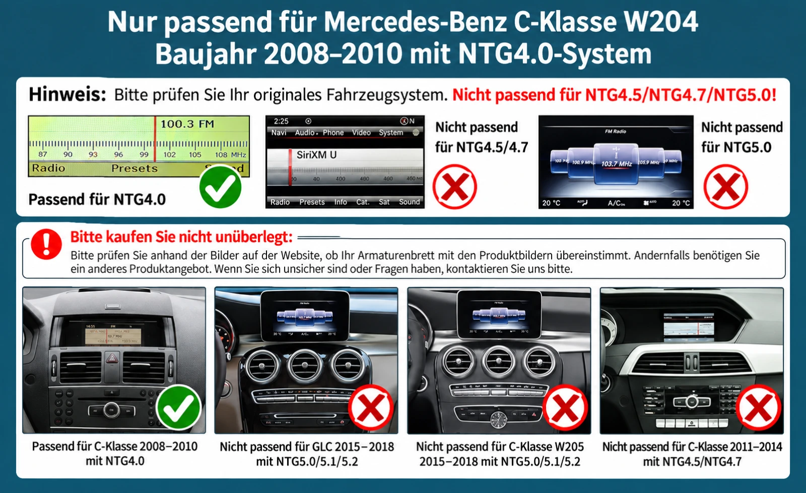 Nur passend fur Mercedes-Benz C-Klasse W204Baujahr 2008-2010 mit NTG4.0-System