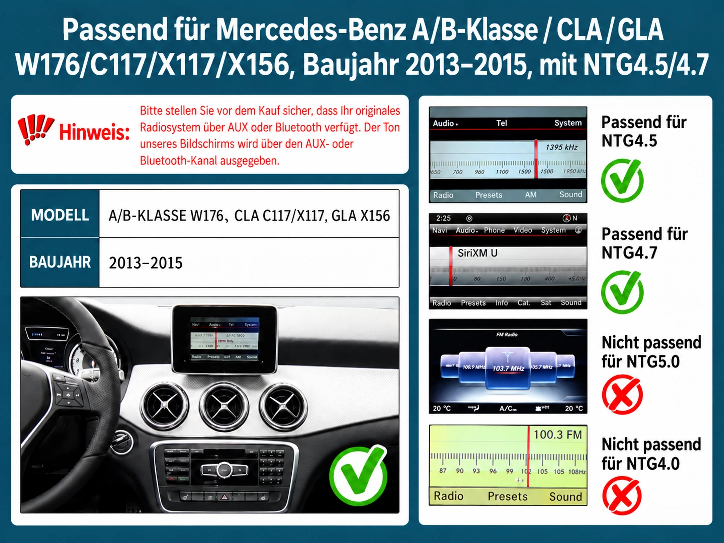 Passend fuir Mercedes-Benz A/B-Klasse/CLA/GLAW176/C117/X117/X156, Baujahr 2013-2015,mit NTG4.5/4.7