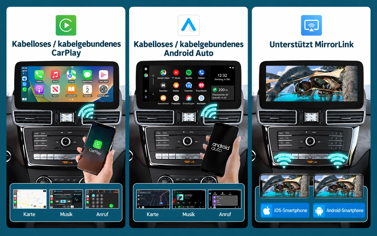 Unterstützt kabelgebundenes/kabelloses CarPlay und Android Auto