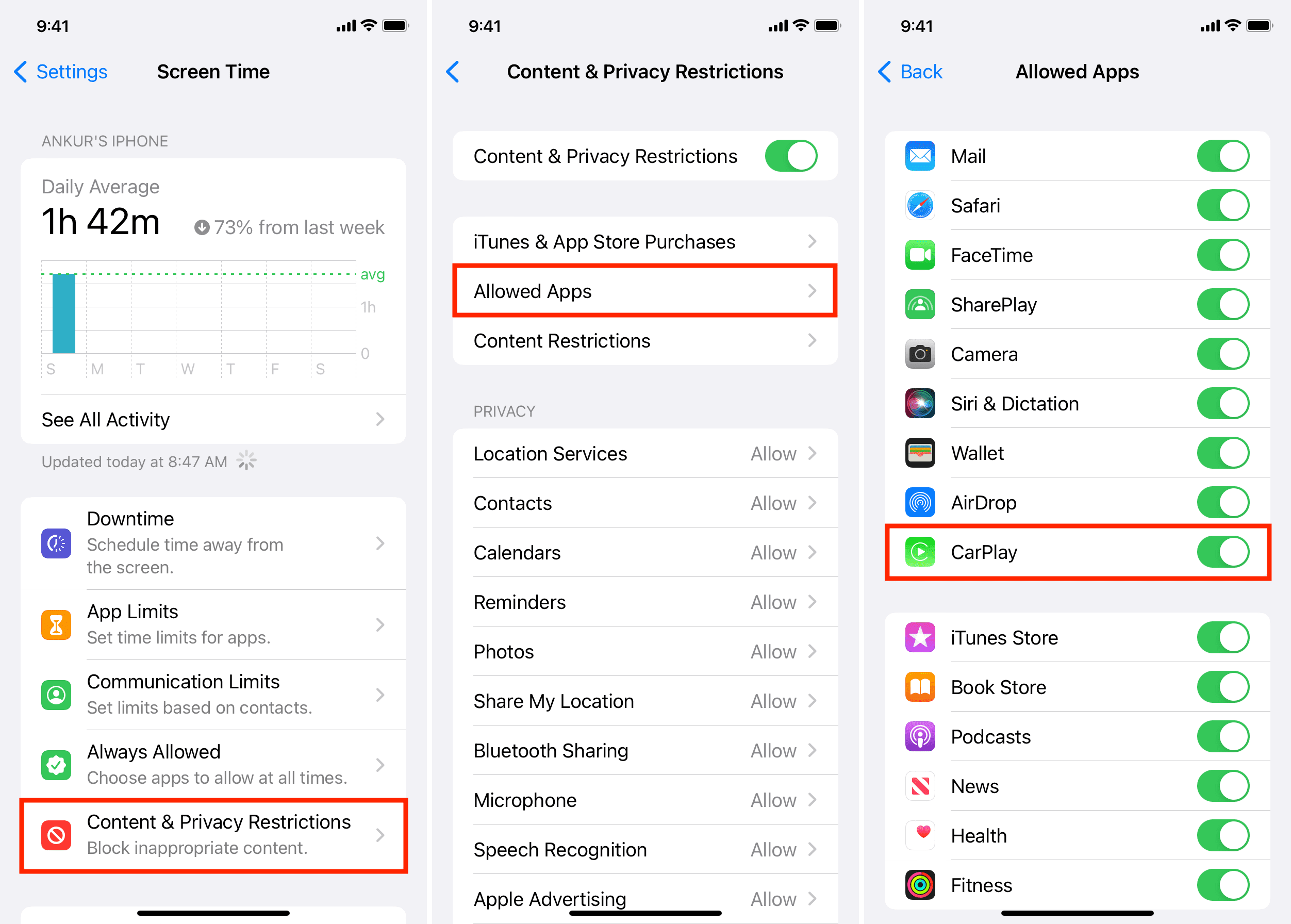 Aktivieren Sie CarPlay unter „Einstellungen“ > „Bildschirmzeit“ > „Inhalts- und Datenschutzbeschränkungen“.