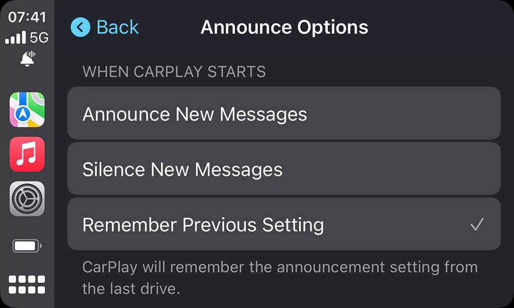 „Neue Ankündigung“ unter CarPlay-Optionen