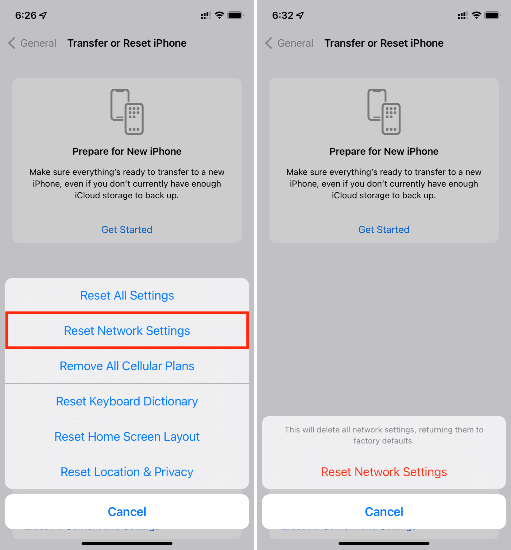 Einstellungen > Allgemein > Zurücksetzen > Netzwerkeinstellungen zurücksetzen und starten Sie dann Ihr iPhone neu.
