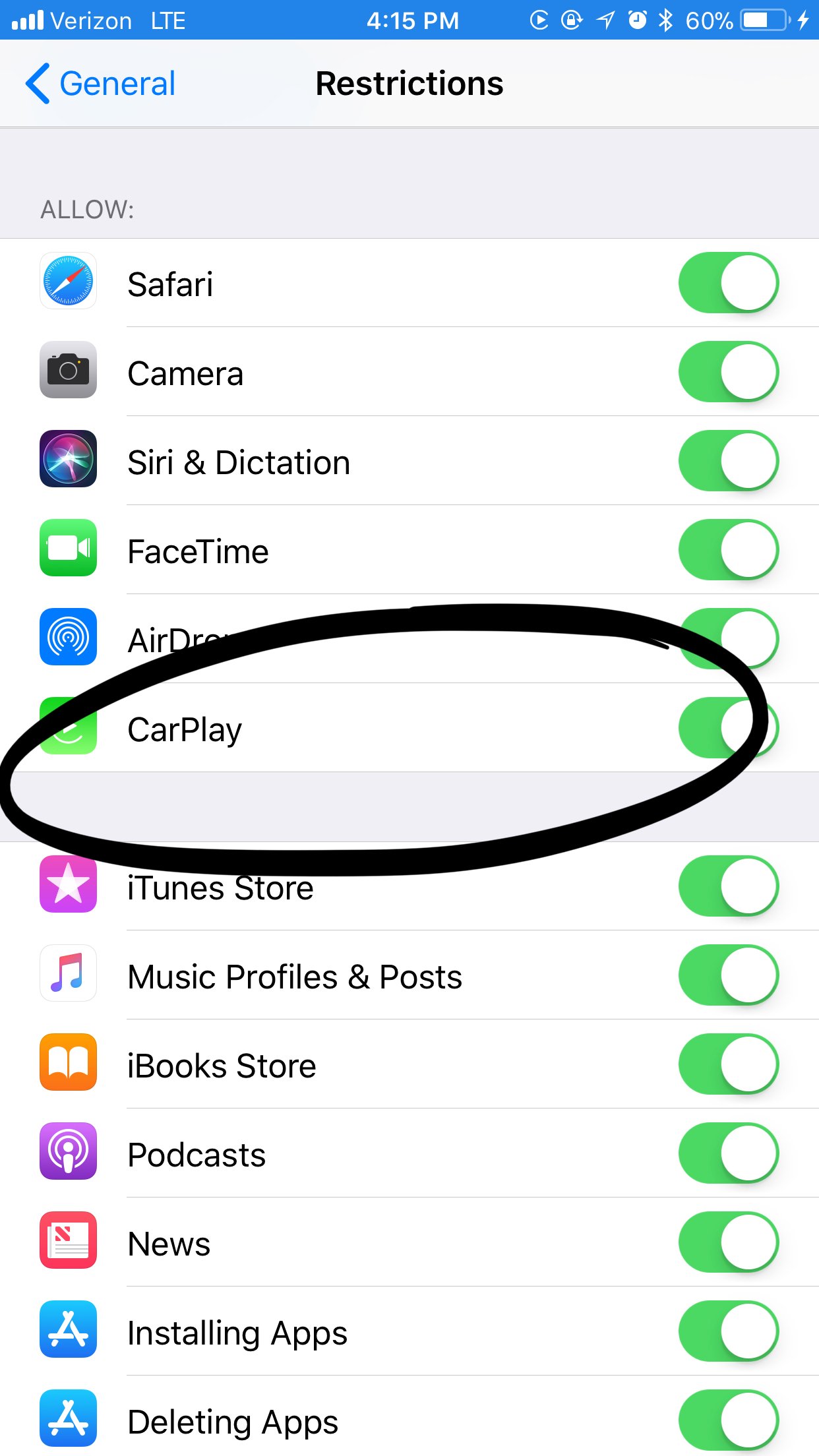 Apple Carplay-Schalter in den iPhone 6s Plus-Einstellungen