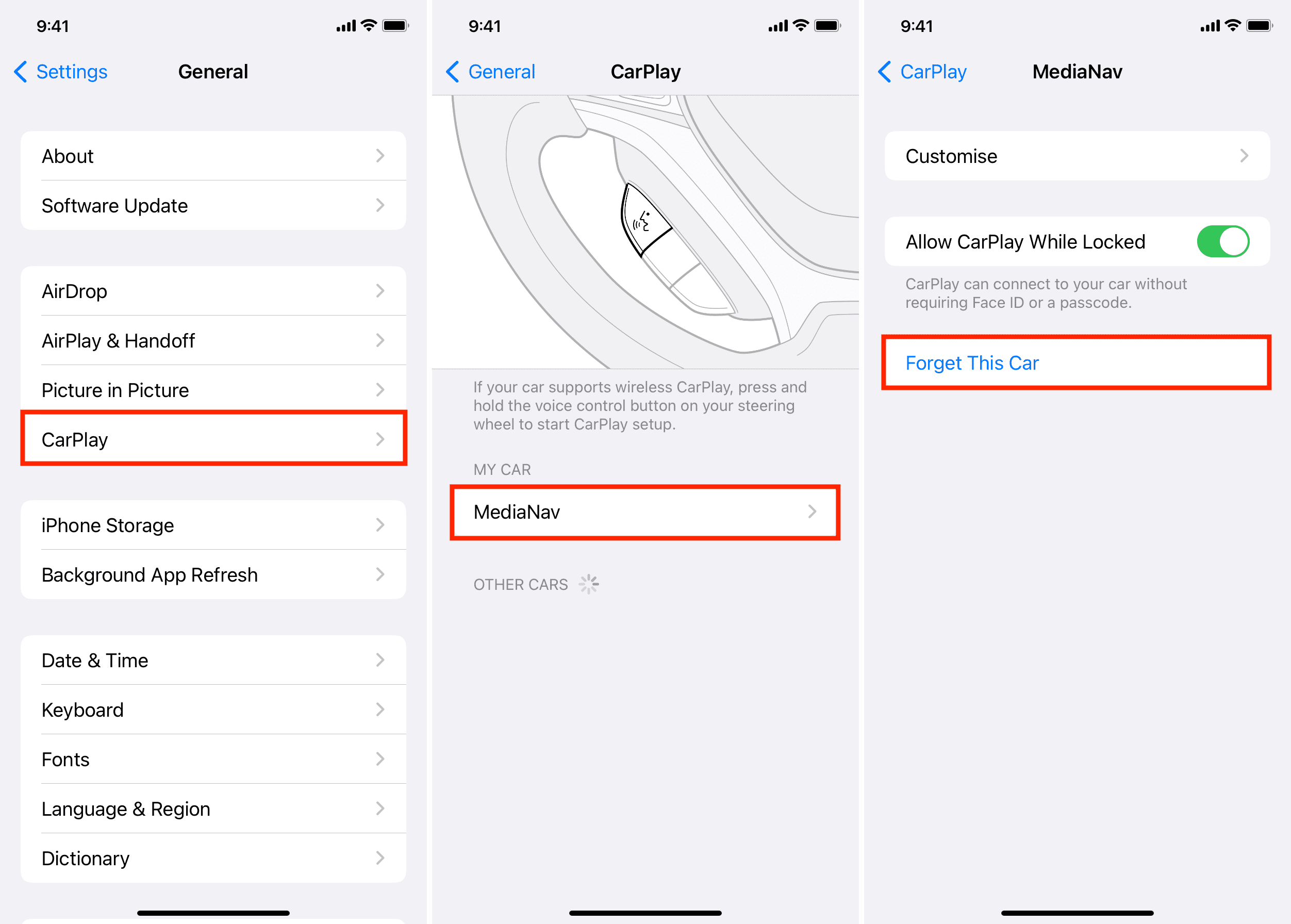 Carplay vergisst Fahrzeug