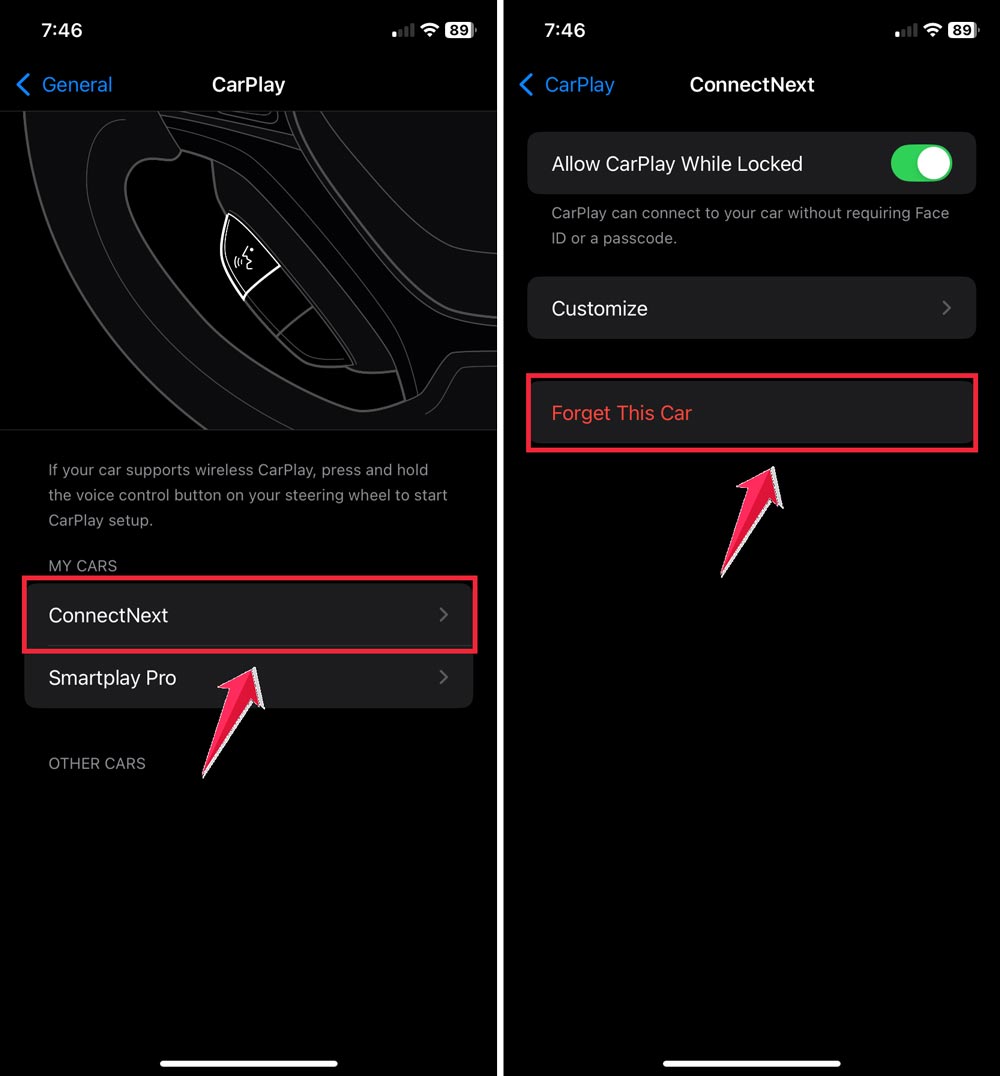 Einstellungen > Allgemein > CarPlay, tippen Sie auf Ihr Auto und dann auf „Dieses Auto vergessen“.